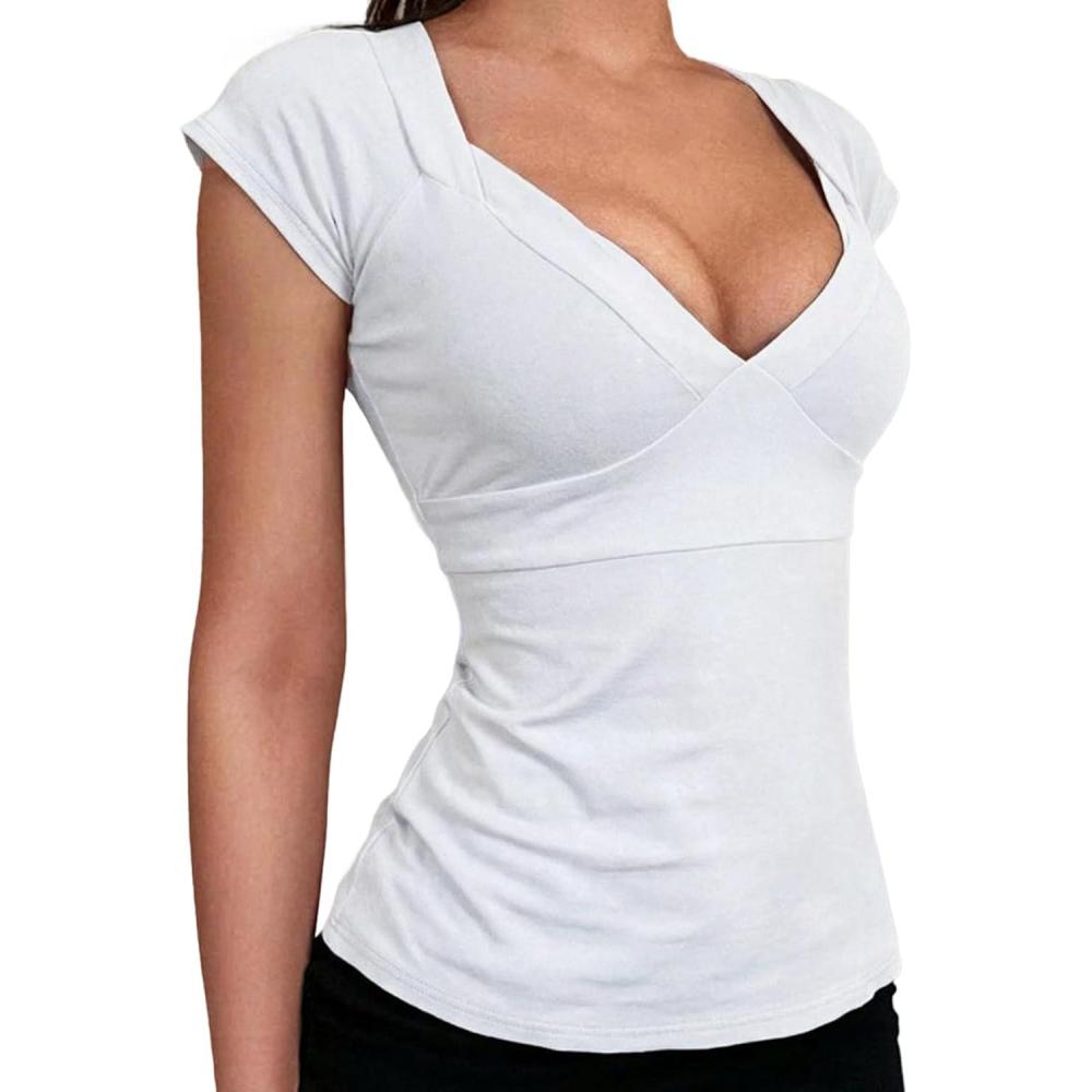 image:imageEMMIOL Sexy V Neck T Shirts for Women Short Sleeve Slim Fit Bow Bandage Cute Crop Tops Y2k Summer Trendy Going Out ClothesWhite