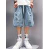 EMMIOL Baggy Jean Shorts Men 2XL Blue+Dark Grey, y2k Ripped Jorts Elastic Waisted, Comfortable Denim Tears Shorts, High Waisted and Wide Leg, Mens Jeans Loose fit Vintage Hip Hop Streetwear Summer
