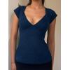 EMMIOL Sexy V Neck T Shirts for Women – Short Sleeve Slim Fit Bow Bandage Cute Crop Tops Y2k Summer Trendy Going Out Clothes(Dark Blue)