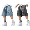 EMMIOL Baggy Jean Shorts Men 2XL Blue+Dark Grey, y2k Ripped Jorts Elastic Waisted, Comfortable Denim Tears Shorts, High Waisted and Wide Leg, Mens Jeans Loose fit Vintage Hip Hop Streetwear Summer