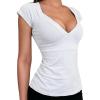 EMMIOL Sexy V Neck T Shirts for Women – Short Sleeve Slim Fit Bow Bandage Cute Crop Tops Y2k Summer Trendy Going Out Clothes(White)