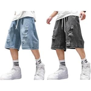 EMMIOL Baggy Jean Shorts Men 2XL Blue+Dark Grey, y2k Ripped Jorts Elastic Waisted, Comfortable Denim Tears Shorts, High Waisted and Wide Leg, Mens Jeans Loose fit Vintage Hip Hop Streetwear Summer