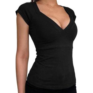 EMMIOL Sexy V Neck T Shirts for Women – Short Sleeve Slim Fit Bow Bandage Cute Crop Tops Y2k Summer Trendy Going Out Clothes(Black)