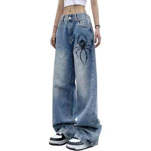 EMMIOL Women Wide Leg Jeans Mid-Low Waist Baggy Jeans Loose Boyfriends Jeans Y2K 90s Denim Pants(Blue-spider)