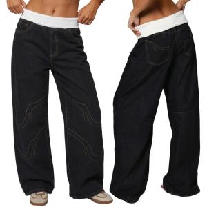 EMMIOL Women Y2K 90S Hip Hop Baggy Jeans Boyfriend Wide Leg Denim Pants Mid-High Rise Loose Streetwear Outfits(Black)