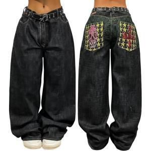 EMMIOL Women Y2K 90S Hip Hop Baggy Jeans Boyfriend Wide Leg Denim Pants Mid-High Rise Loose Streetwear Outfits(Black-160)