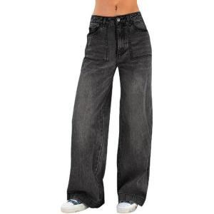 EMMIOL Women’s Wide Leg Jeans Baggy Jeans Mid Waist Stretch Boyfriend Denim Pants Vintage Trousers with Pocket(Black-012)