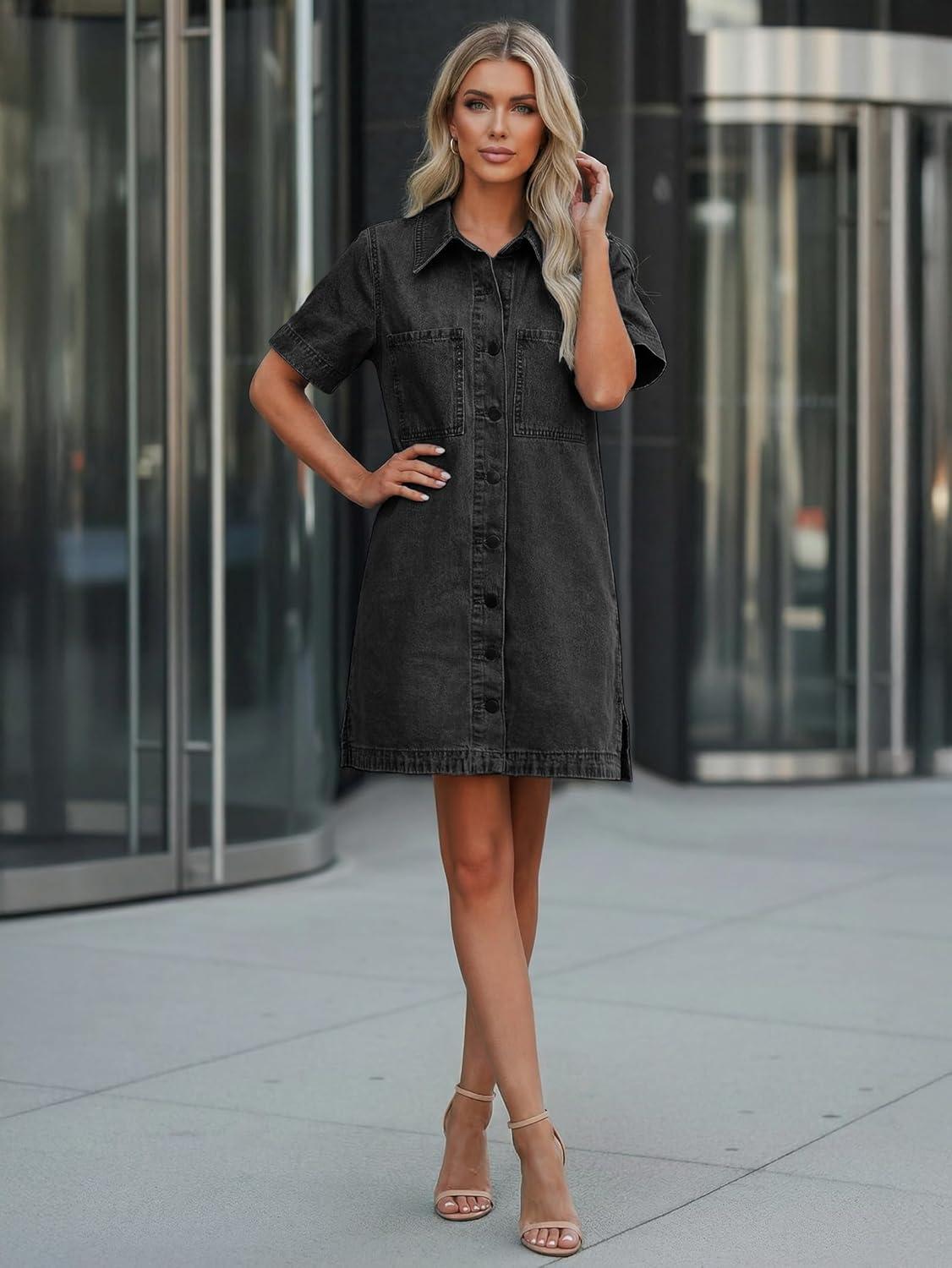 image:imageEMMIOL Button Down Denim Dress for Women Short Sleeve Babydoll Mini Jean Shirt Dresses Summer Casual Trendy OutfitsBlack