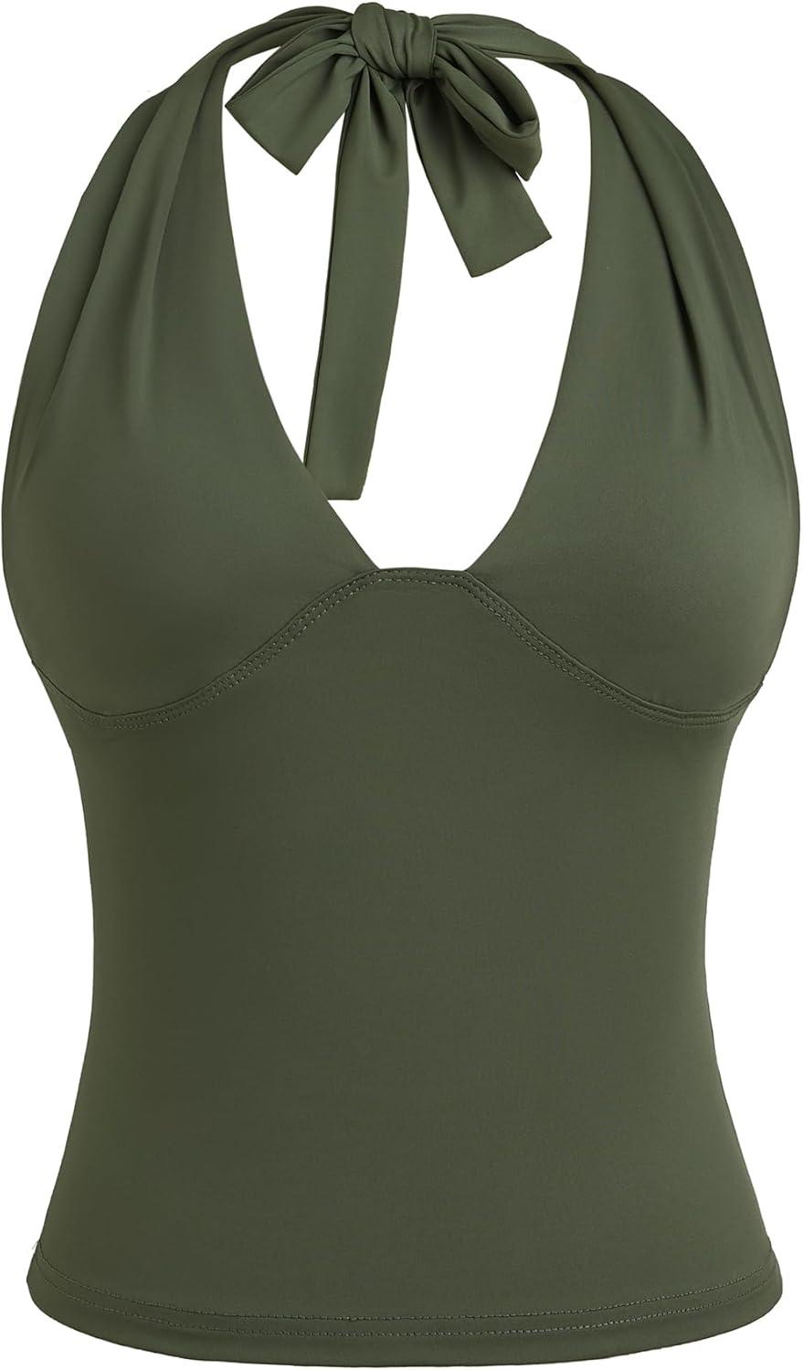 image:imageEMMIOL Women Halter Going Out Tops Sexy Deep V Neck Blackless Sleeveless Open Back Crop Tank Top Y2K Coquette Clothes Army Green