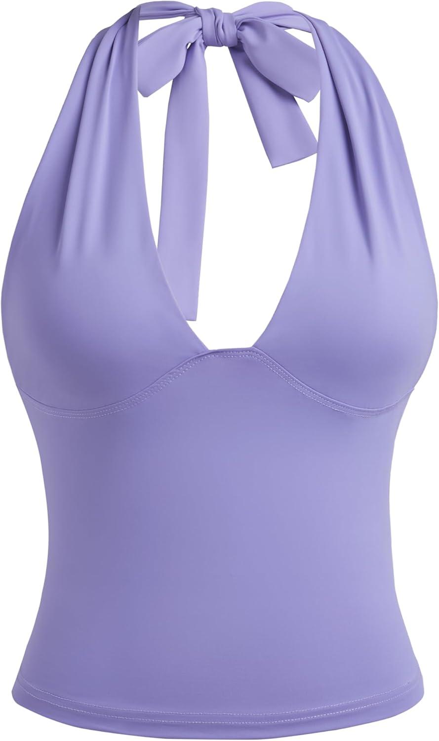 image:imageEMMIOL Women Halter Going Out Tops Sexy Deep V Neck Blackless Sleeveless Open Back Crop Tank Top Y2K Coquette Clothes Purple