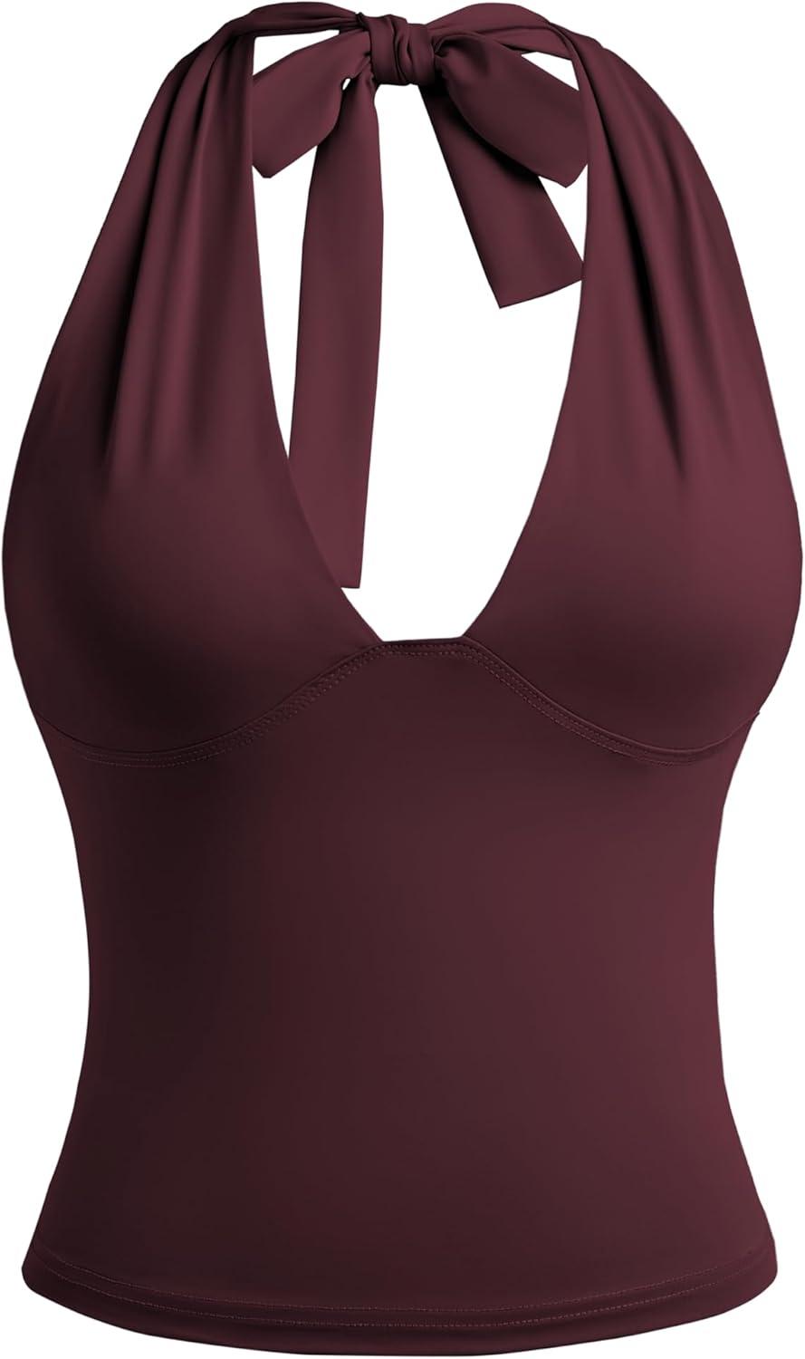 image:imageEMMIOL Women Halter Going Out Tops Sexy Deep V Neck Blackless Sleeveless Open Back Crop Tank Top Y2K Coquette Clothes Wine Red
