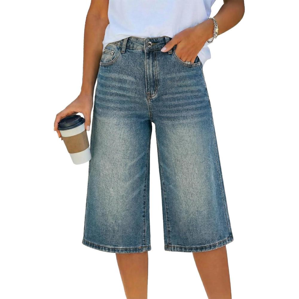 image:imageEMMIOL Baggy Y2k Jorts for Women Wide Leg Mid Rise Bermuda Jeans Shorts Boyfriend Casual Summer Trendy Denim Pants Blue L