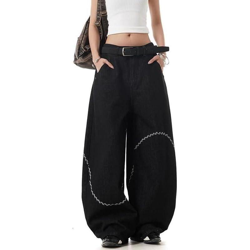 image:imageEMMIOL Women Y2k Baggy Jeans Wide Leg Vintage Denim Pants Gothic Mid High Waisted Trousers TrendyBlack