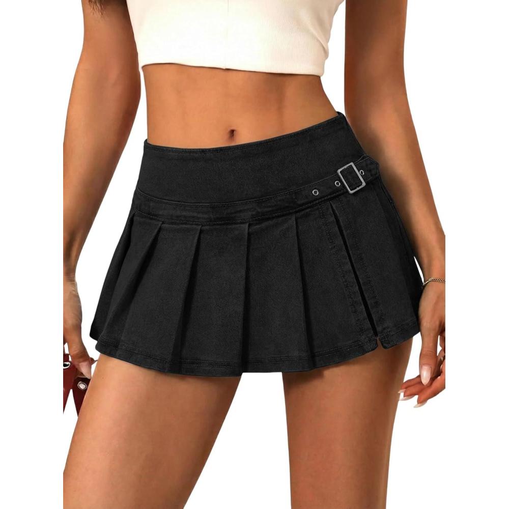 image:imageEMMMIOL Denim Mini Skirt for Women  MidLow Waisted Stretch Side Zipper Skort Y2k Casual Jean Skirts with Shorts UnderneathBlack055