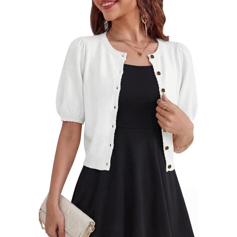 image:imageShrug Sweaters for Women  Wool Blend Short Sleeve Button Down Cardigan Trendy Lightweight Tops Bolero ShrugWhite