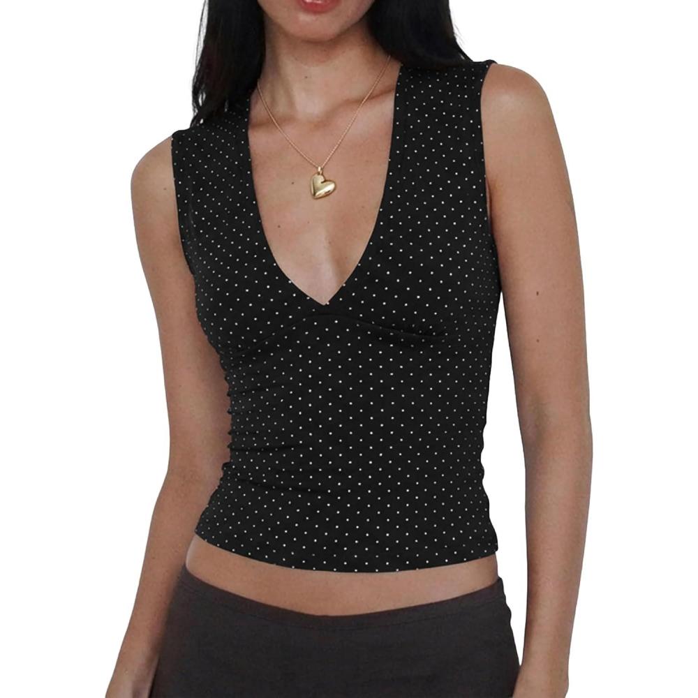 image:imageWomen Deep V Neck Tops Sexy Sleeveless Crop Top Stretchy Trendy Going Out Tank Top Cute Summer ClothesBlackpolka Dots
