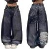 EMMIOL Women Y2k Baggy Jeans Wide Leg Vintage Denim Pants Gothic Mid High Waisted Trousers Trendy(Dark Blue)