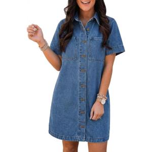 EMMIOL Button Down Denim Dress for Women – Short Sleeve Babydoll Mini Jean Shirt Dresses Summer Casual Trendy Outfits(Dark Blue)