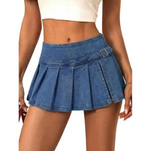 EMMMIOL Denim Mini Skirt for Women – Mid-Low Waisted Stretch Side Zipper Skort Y2k Casual Jean Skirts with Shorts Underneath(Dark Blue-055)
