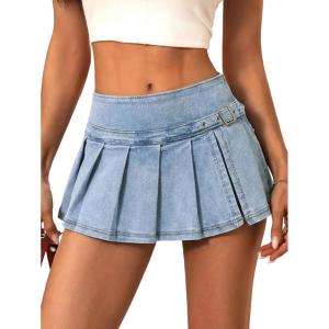 EMMMIOL Denim Mini Skirt for Women – Mid-Low Waisted Stretch Side Zipper Skort Y2k Casual Jean Skirts with Shorts Underneath(Light Blue-055)