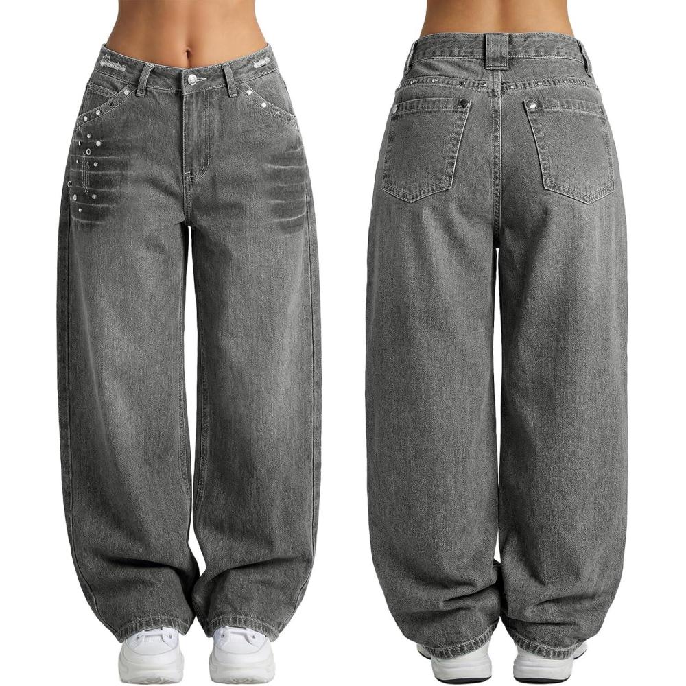 image:imageEMMIOL Women Boyfriends Hip Hop 90s Vintage Baggy Jeans Loose Denim Pants MidLow Waist JeansBb002gray Black
