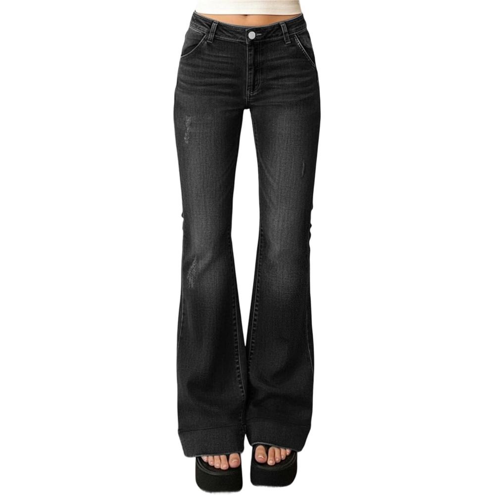 image:imageEMMIOL Women MidHigh Waisted Flare Jeans Y2K 90s Vintage Stretchy Bootcut Wide Leg Denim Pants Bell BottomBlack007