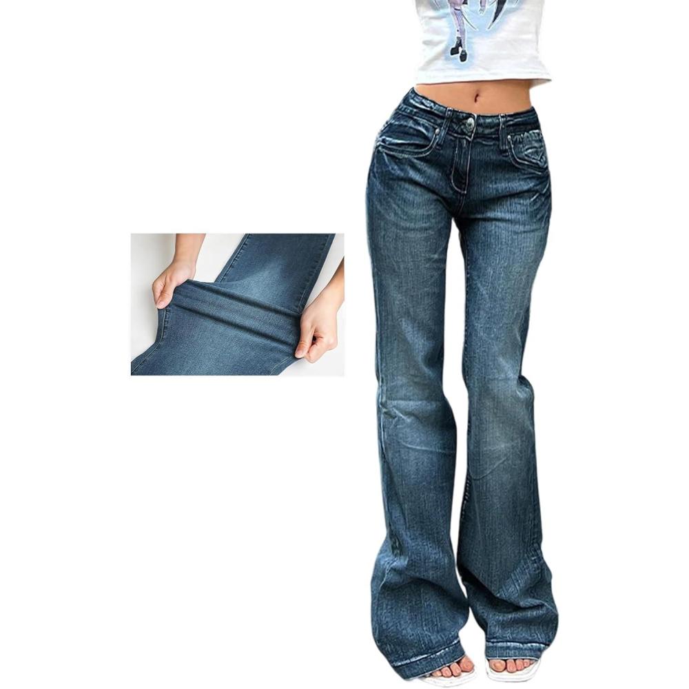 image:imageEMMIOL Women MidHigh Waisted Flare Jeans Y2K 90s Vintage Stretchy Bootcut Wide Leg Denim Pants Bell BottomDark Blue