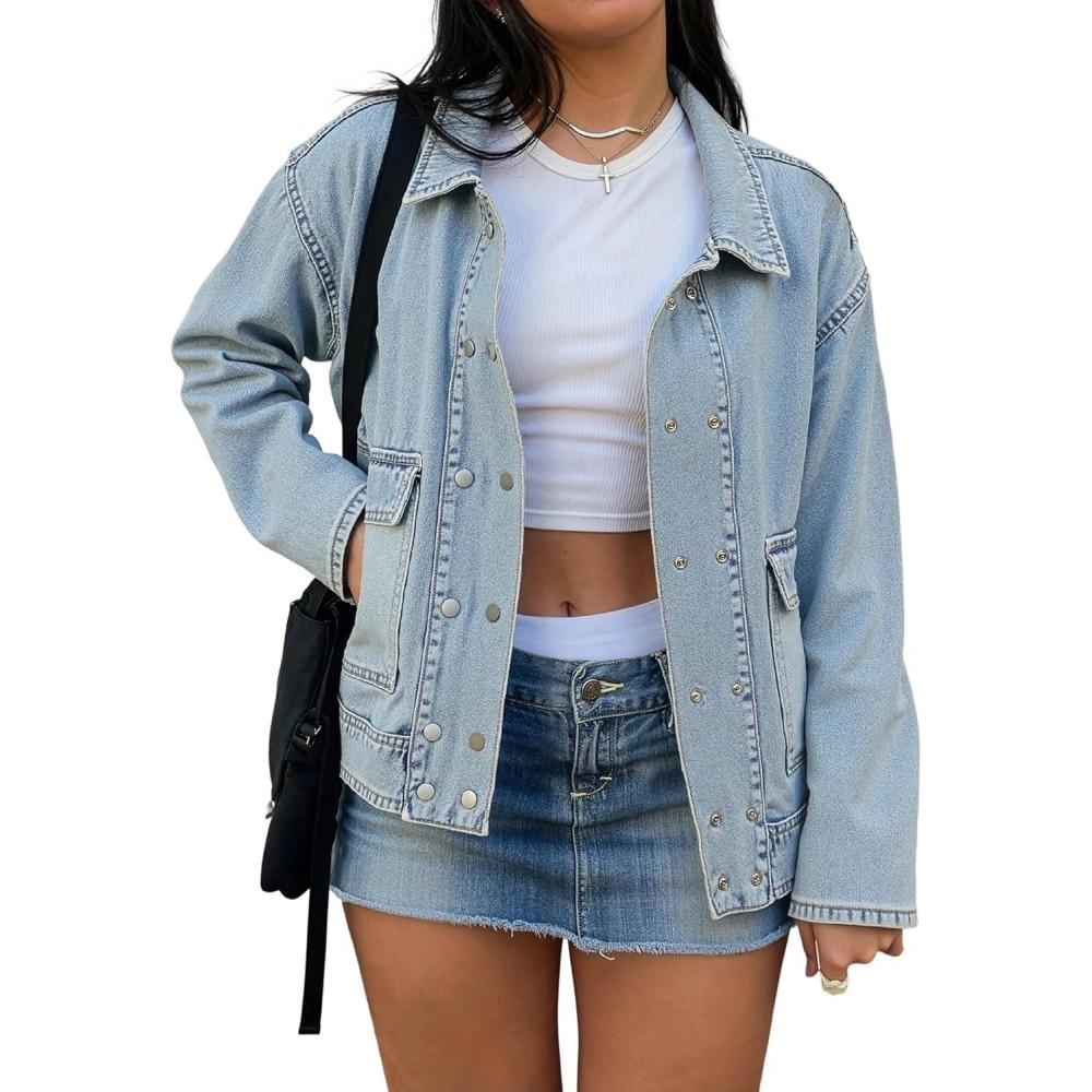 image:imageEMMIOL Womens Jean Jackets Long Sleeve Doublebreasted Button Casual Denim Coat with PocketsZ1 Light Blue