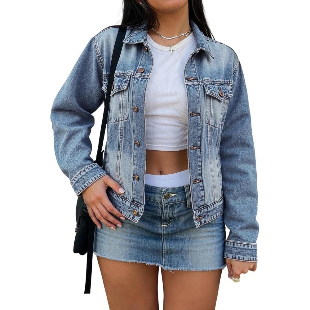 image:imageEMMIOL Womens Jean Jackets Long Sleeve Doublebreasted Button Casual Denim Coat with PocketsZ2sky Blue