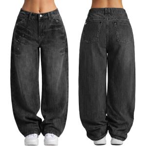 EMMIOL Women Boyfriends Hip Hop 90s Vintage Baggy Jeans Loose Denim Pants Mid-Low Waist Jeans(Bb001-black)
