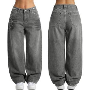 EMMIOL Women Boyfriends Hip Hop 90s Vintage Baggy Jeans Loose Denim Pants Mid-Low Waist Jeans(Bb002-gray Black)