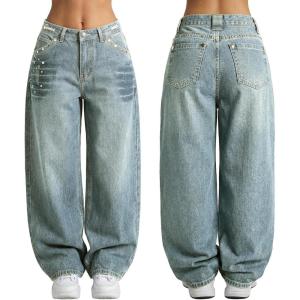 EMMIOL Women Boyfriends Hip Hop 90s Vintage Baggy Jeans Loose Denim Pants Mid-Low Waist Jeans(Bb002-old Blue)