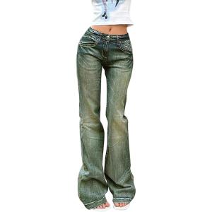 EMMIOL Women Mid-High Waisted Flare Jeans Y2K 90s Vintage Stretchy Bootcut Wide Leg Denim Pants Bell Bottom(Blue-green)