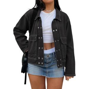 EMMIOL Womens Jean Jackets Long Sleeve Double-breasted Button Casual Denim Coat with Pockets(Z1-black)