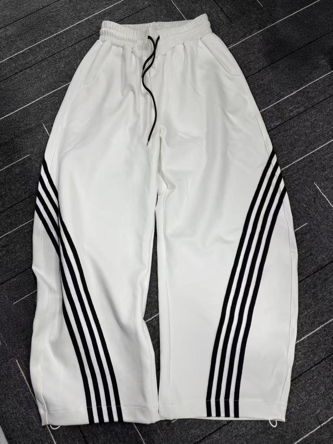 image:imageEMMIOL Womens Y2K Baggy Striped Sweatpants High Waisted Wide Leg Barrel Pants Joggers with Drawstring Waist and CuffsWhite