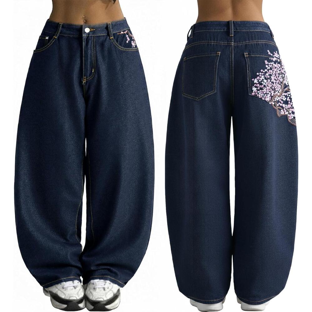 image:imageEMMIOL Women Y2K 90S Hip Hop Baggy Jeans Boyfriend Wide Leg Denim Pants MidHigh Rise Loose Streetwear OutfitsDark Blue198