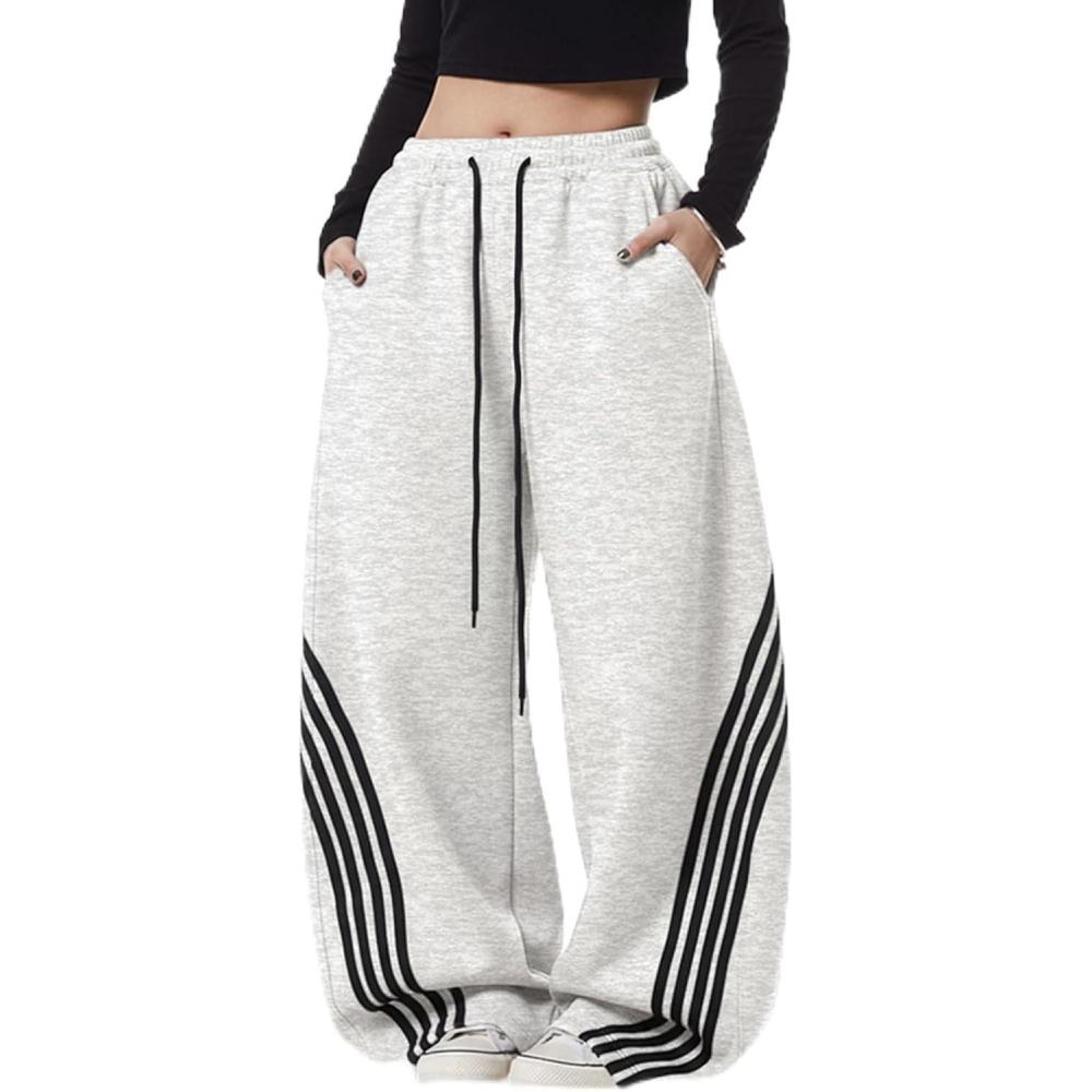 image:imageEMMIOL Womens Y2K Baggy Striped Sweatpants High Waisted Wide Leg Barrel Pants Joggers with Drawstring Waist and CuffsLight Gray