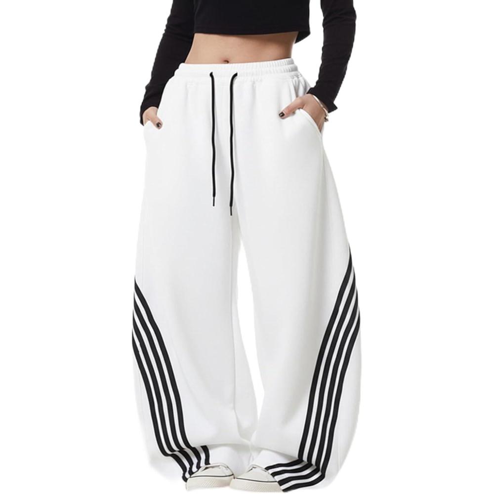 image:imageEMMIOL Womens Y2K Baggy Striped Sweatpants High Waisted Wide Leg Barrel Pants Joggers with Drawstring Waist and CuffsWhite
