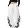 EMMIOL Women’s Y2K Baggy Striped Sweatpants, High Waisted Wide Leg Barrel Pants, Joggers with Drawstring Waist and Cuffs(White)