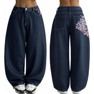 EMMIOL Women Y2K 90S Hip Hop Baggy Jeans Boyfriend Wide Leg Denim Pants Mid-High Rise Loose Streetwear Outfits(Dark Blue-198)