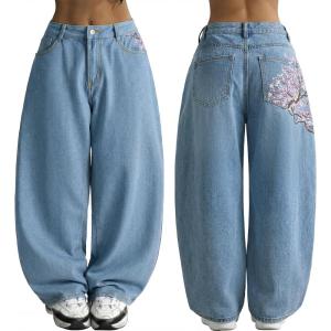 EMMIOL Women Y2K 90S Hip Hop Baggy Jeans Boyfriend Wide Leg Denim Pants Mid-High Rise Loose Streetwear Outfits(Light Blue-198)