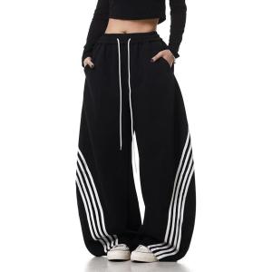 EMMIOL Women’s Y2K Baggy Striped Sweatpants, High Waisted Wide Leg Barrel Pants, Joggers with Drawstring Waist and Cuffs(Black)