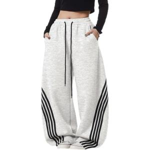 EMMIOL Women’s Y2K Baggy Striped Sweatpants, High Waisted Wide Leg Barrel Pants, Joggers with Drawstring Waist and Cuffs(Light Gray)