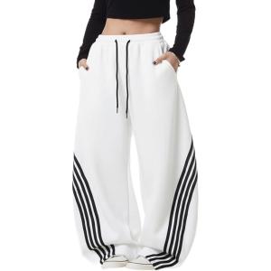 EMMIOL Women’s Y2K Baggy Striped Sweatpants, High Waisted Wide Leg Barrel Pants, Joggers with Drawstring Waist and Cuffs(White)