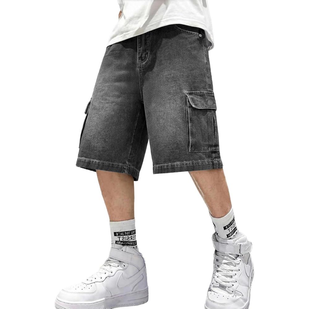 image:imageMens Cargo Baggy Jean Shorts Y2k Jorts Wide Leg Large Pockets Long Denim Shorts Cotton Loose Fit Streetwear 2026 SummerDark Grey