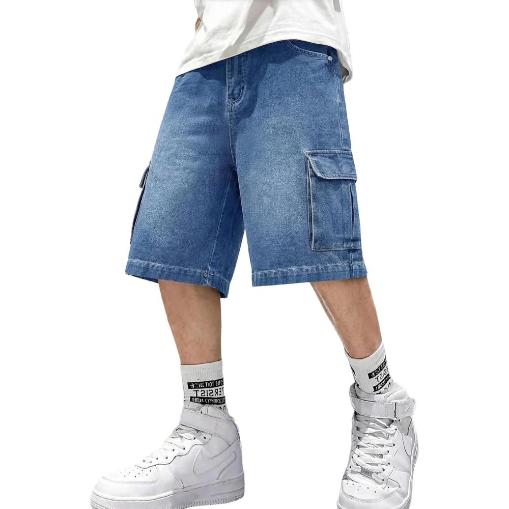 image:imageMens Cargo Baggy Jean Shorts Y2k Jorts Wide Leg Large Pockets Long Denim Shorts Cotton Loose Fit Streetwear 2026 SummerMid Blue