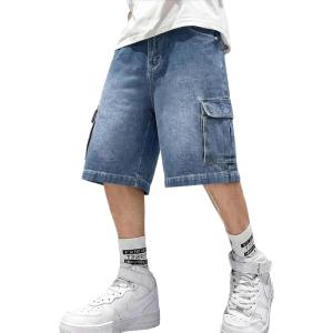 Mens Cargo Baggy Jean Shorts, Y2k Jorts Wide Leg Large Pockets, Long Denim Shorts Cotton Loose Fit Streetwear 2026 Summer(Blue)