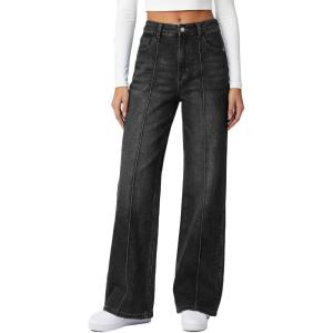 EMMIOL Women’s Wide Leg Jeans Low Rise Trendy Seamed Front Baggy Vintage Denim Pants with Pockets(Black)