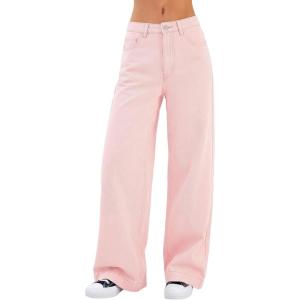 EMMIOL Women’s 2026 Wide Leg Jeans Distress Mid Waist Denim Pants Vintage Y2K Trousers(Pink)