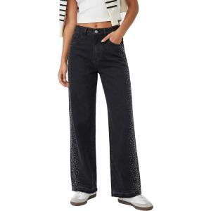 EMMIOL Women’s Straight Wide Leg Rhinestone Jeans Trendy High Waisted Sparkly Bling Glitter Denim Pants Boyfriend(Black)